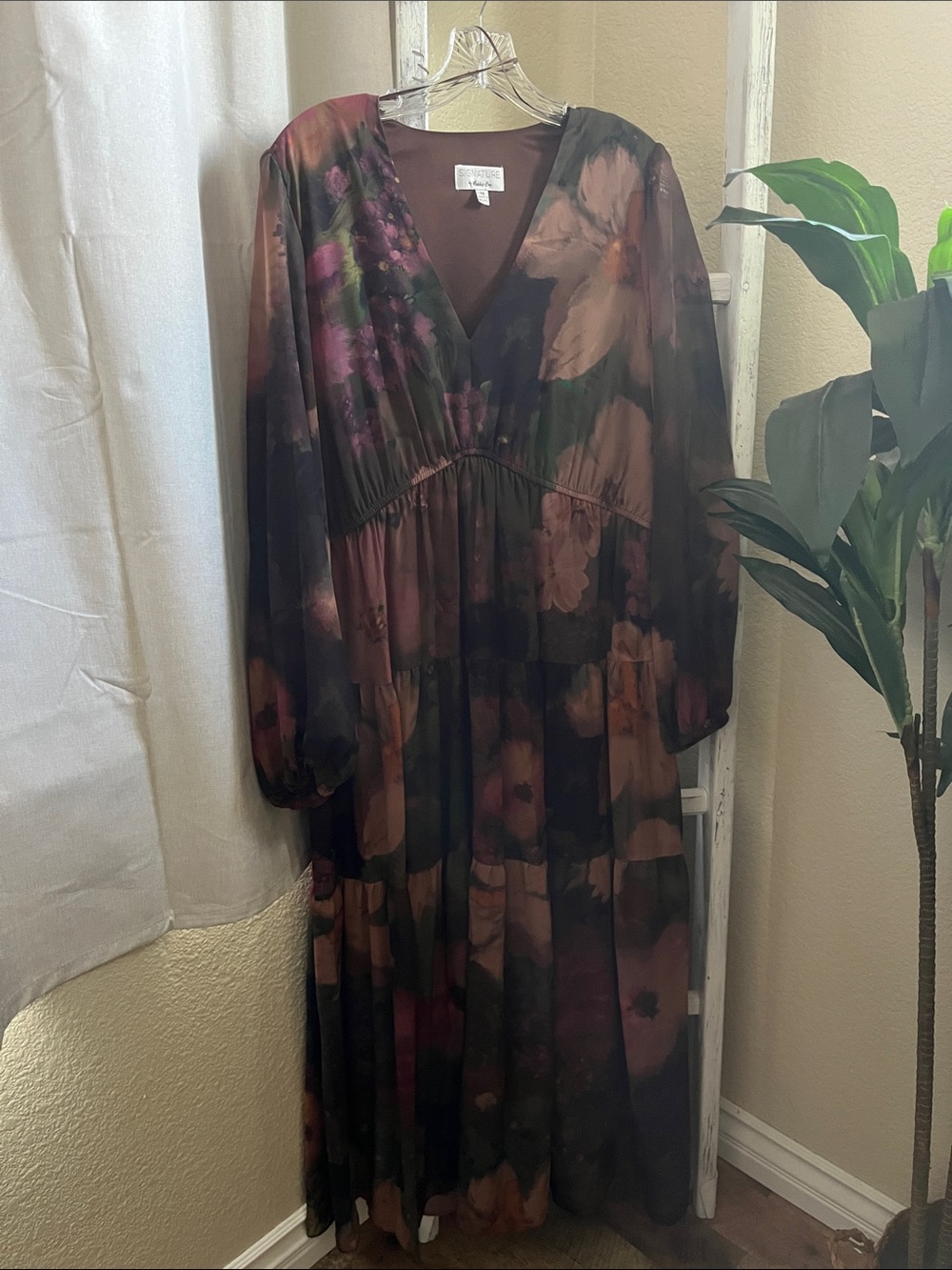 Signature by Robbie Bee Brown and Plum Floral V-Neck Maxi Dress